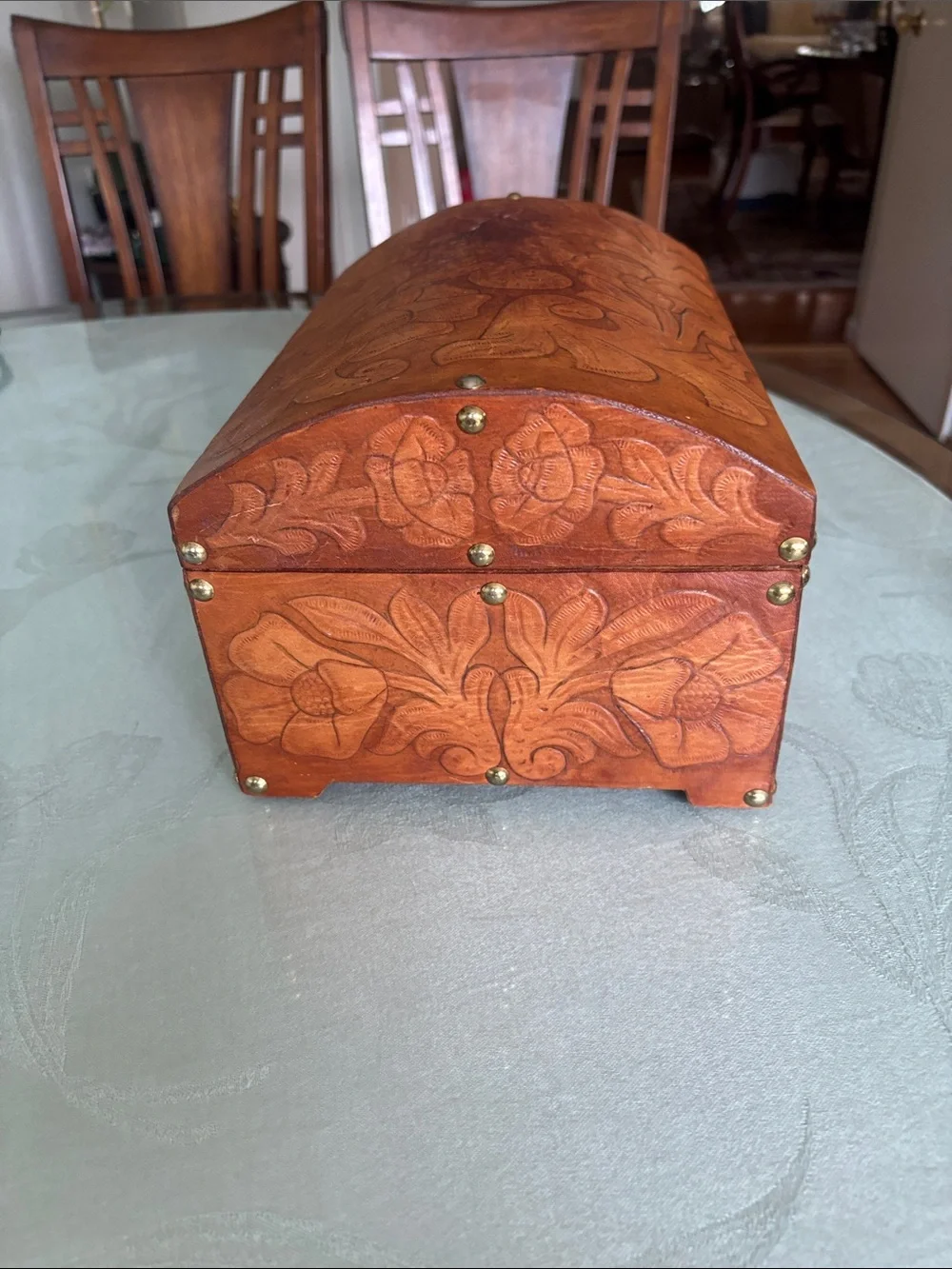 Floral Embossed Leather Jewelry Storage Box - Brown